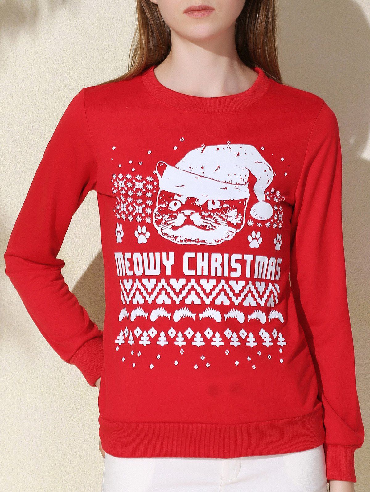 

Sweet Round Collar Letter and Cat Printed Pullover Christmas Sweatshirt For Women, Red