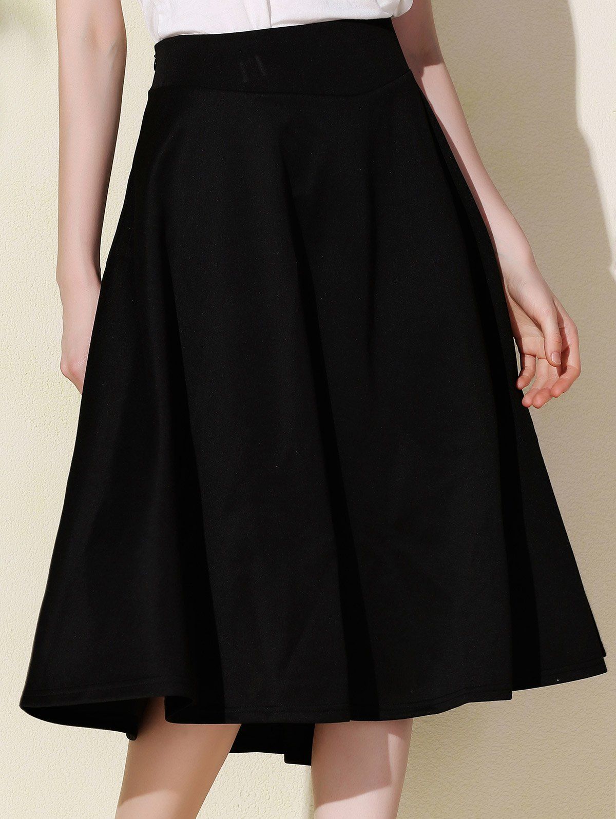 2018 Stylish High-Waisted A-Line Solid Color Women's Midi Skirt BLACK M ...