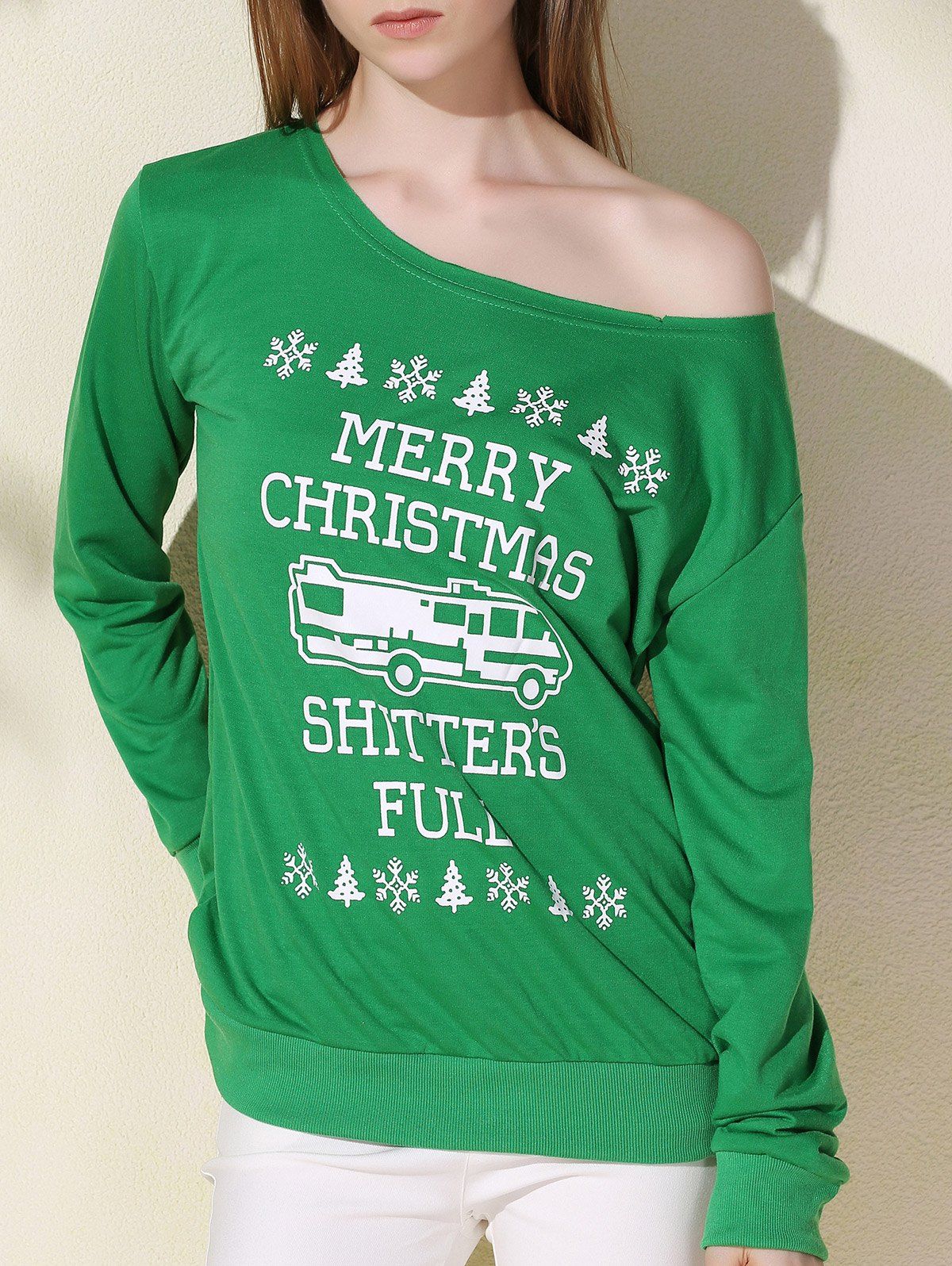Modèle élégant à manches longues Skew Neck Lettre Femmes Sweatshirt de Noël  's - Vert S