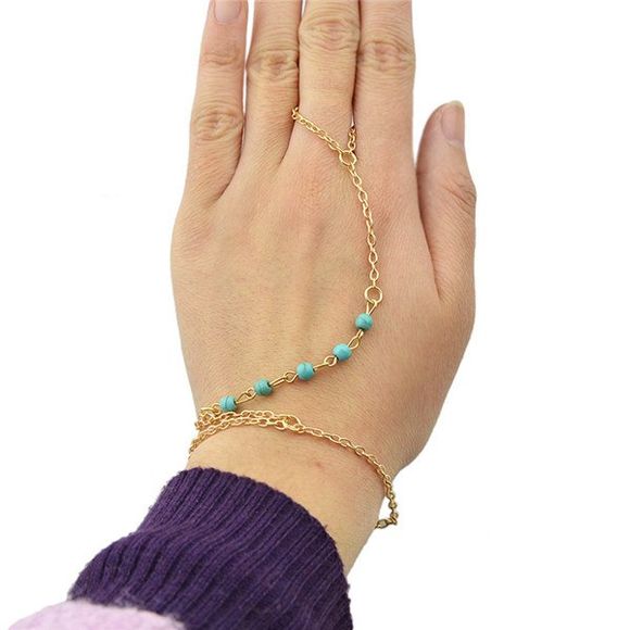 Chic Turquoise Embellished Women's Link Bracelet With Ring - d'or 