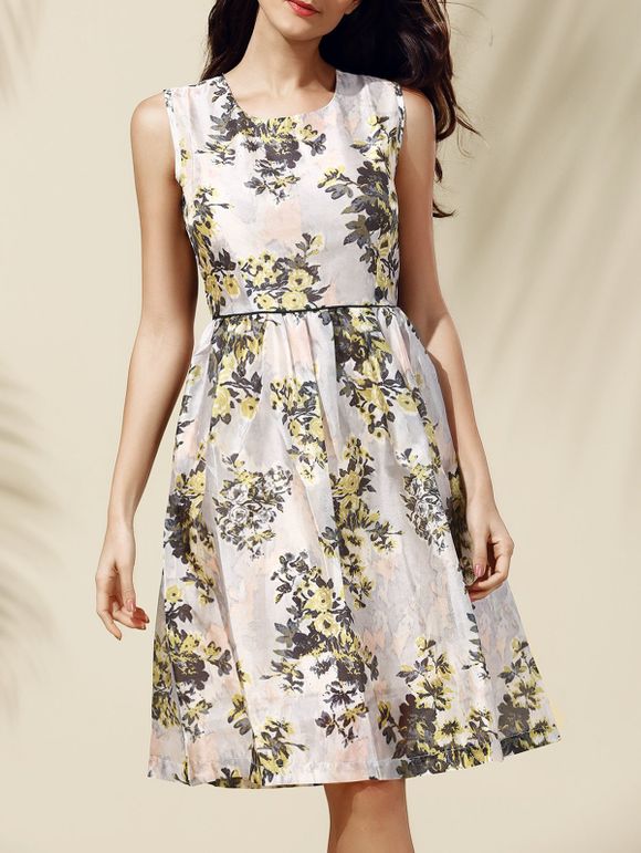 Doux Zipper Floral Design Print Women Dress  's - Jaune S
