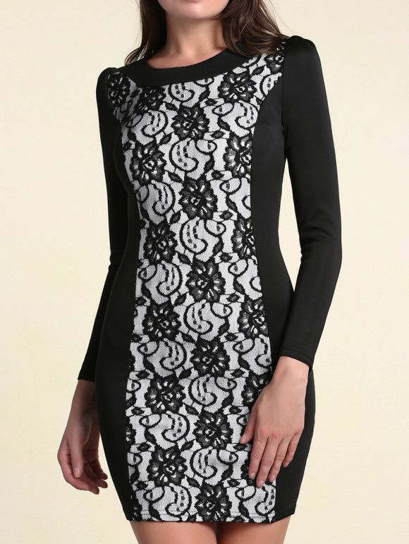 Elegant Round Collar Lace Spliced Long Sleeves Dress For Women - Noir M