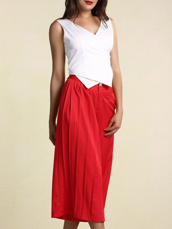 Chic Asymmetrical White Tank Top and Pleated Wide Leg Pants Twinset For Women - Rouge M