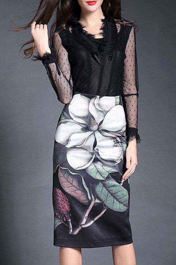 

High Waisted Floral Skirt, Black