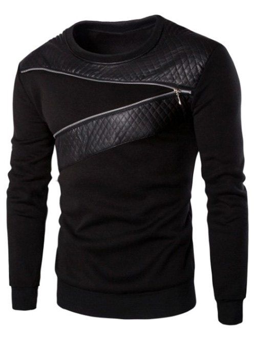 Sweat-shirt Design Zippé à Empiècement en Cuir PU - Noir 2XL