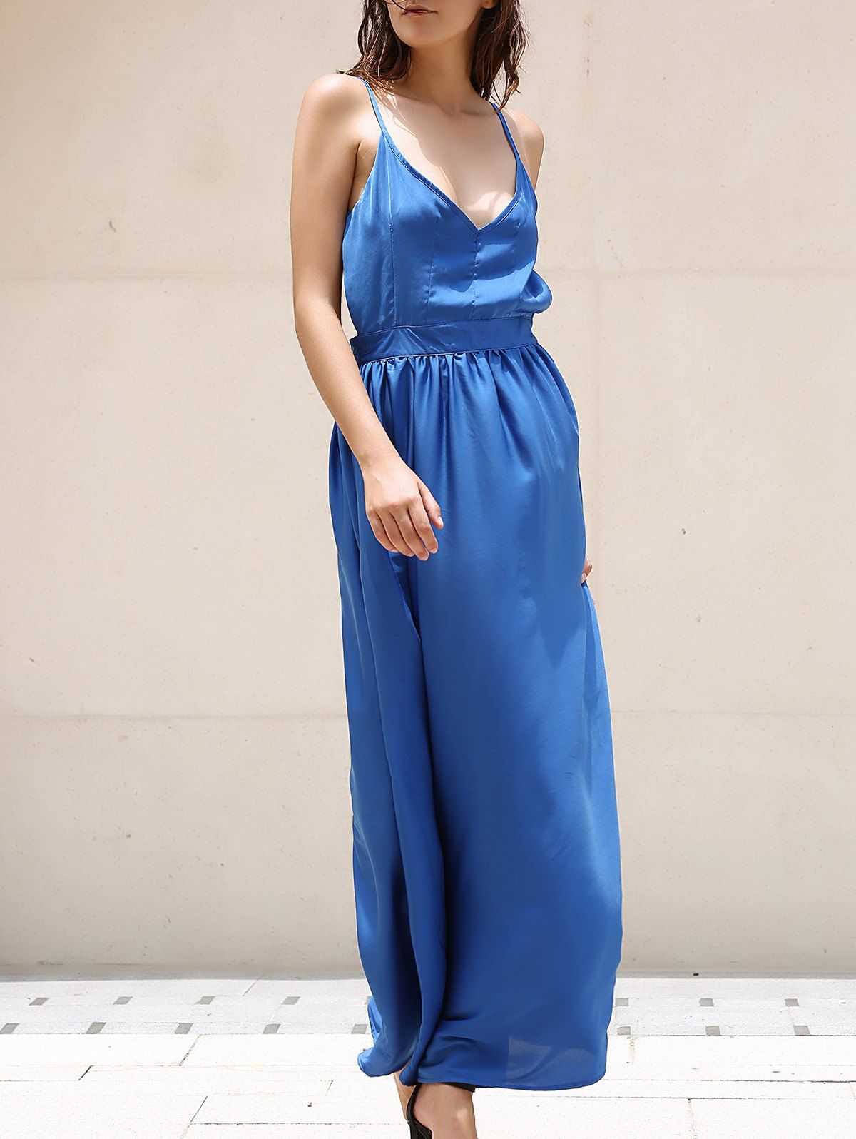

Elegant Women' V-Neck Spaghetti Strap Backless Maxi Dress, Sapphire blue