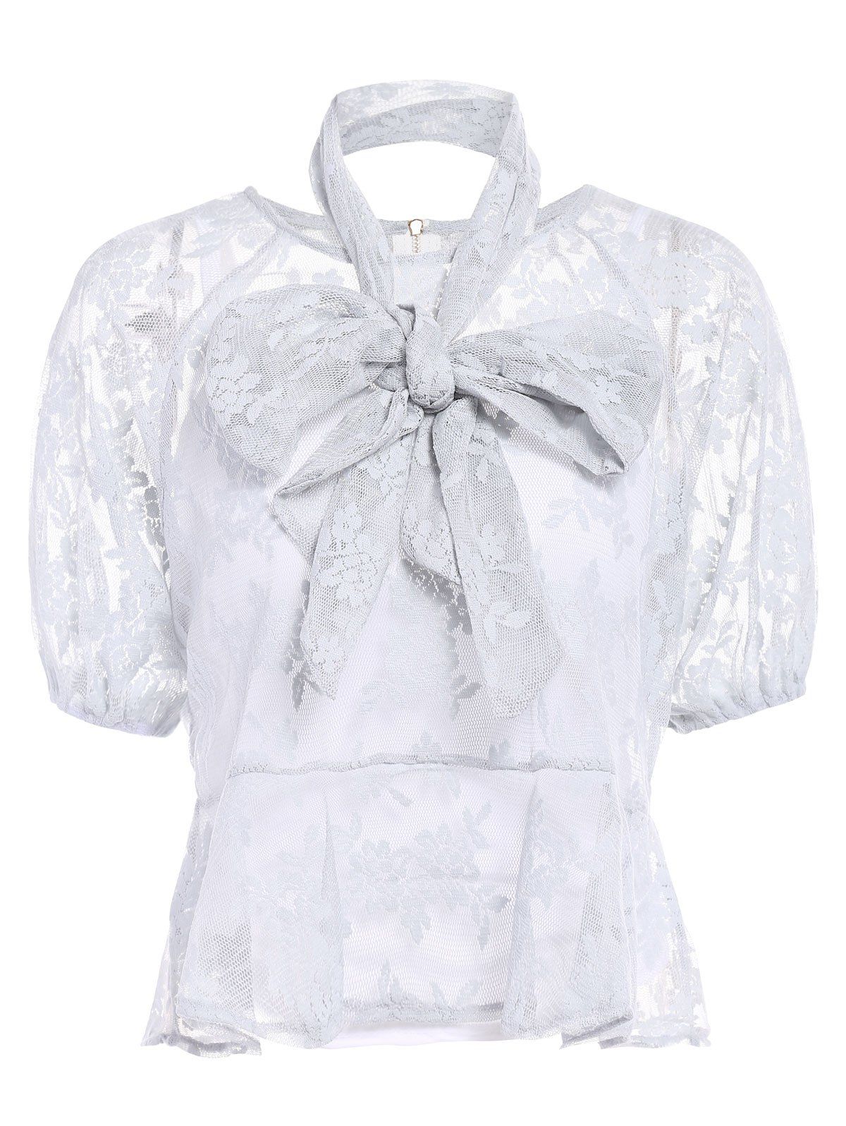 

Stylish White Cami Tank and Jewel Neck Short Sleeve Lace Bowknot T-Shirt For Women, Light gray