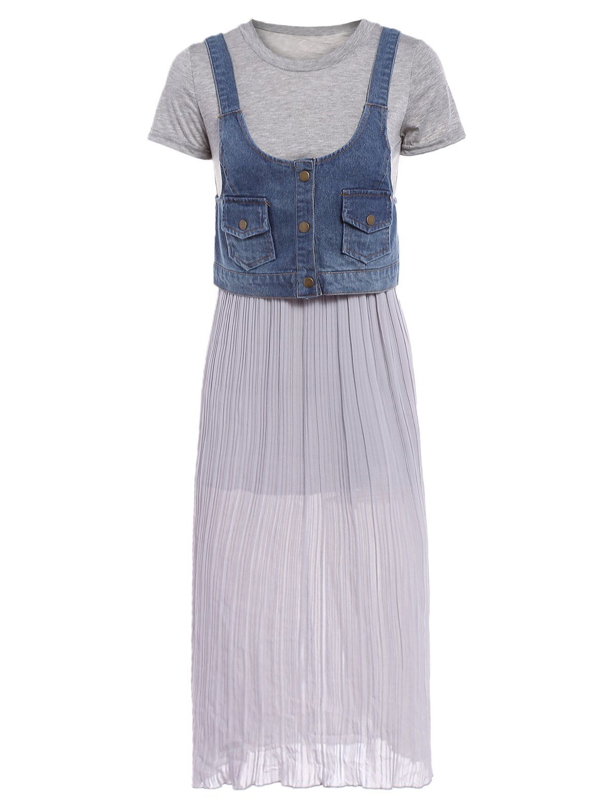 

Preppy Style Women's Scoop Neck Short Sleeve Denim Pleated Dress Twinset, Gray