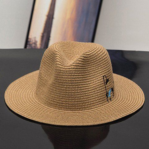 Cool Summer Chic Black Little Cat Embroidery Women's Panama Straw Hat - café 