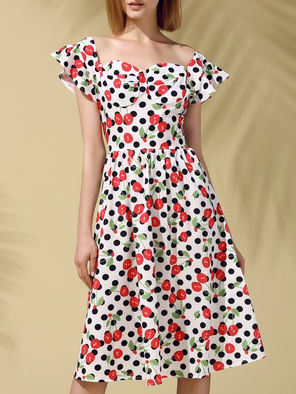 Retro Style Cherry Print Polka Dot Slimming Women's Dress - multicolore XS