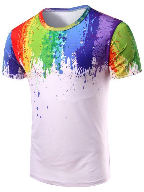 T-Shirt à Col Ras-de-Cou Motif Éclaboussures de Peintures 3D - multicolore 2XL