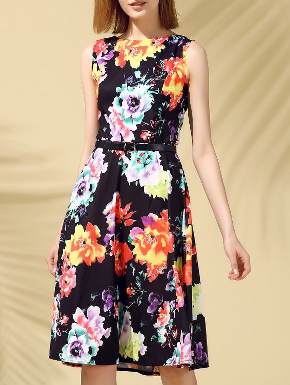 s 'Dress Collar style rétro manches ronde imprimé floral Femmes - Noir S