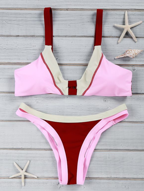 Women 's  Chic Color Block U Neck Bikini Costume Maillots de bain - Rouge vineux L