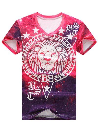 Starry Sky Lion Print V-Neck Short Sleeve Men's T-Shirt - Rouge XL