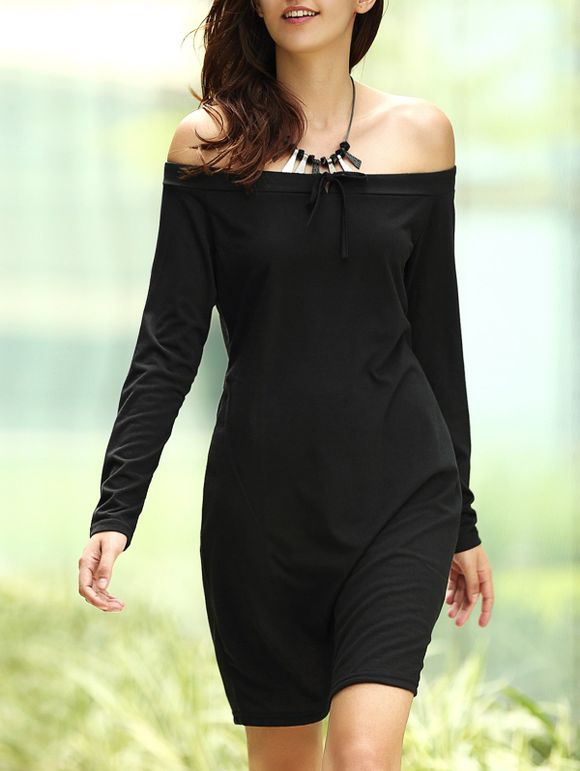 Trendy Women's Off The Shoulder Long Sleeve Mini Dress - Noir L