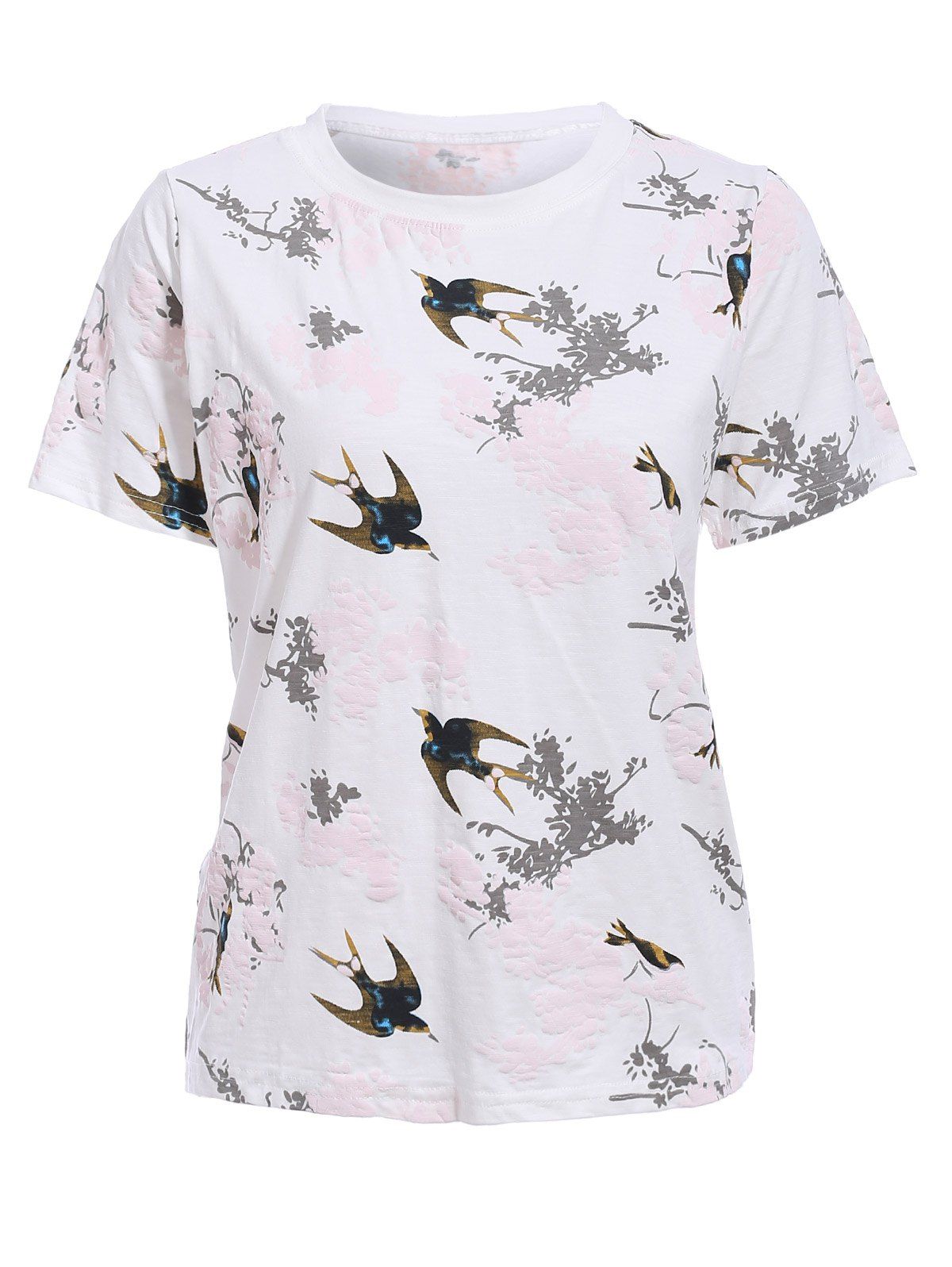 

Trendy Women's Round Neck Short Sleeve Bird Print T-Shirt, White