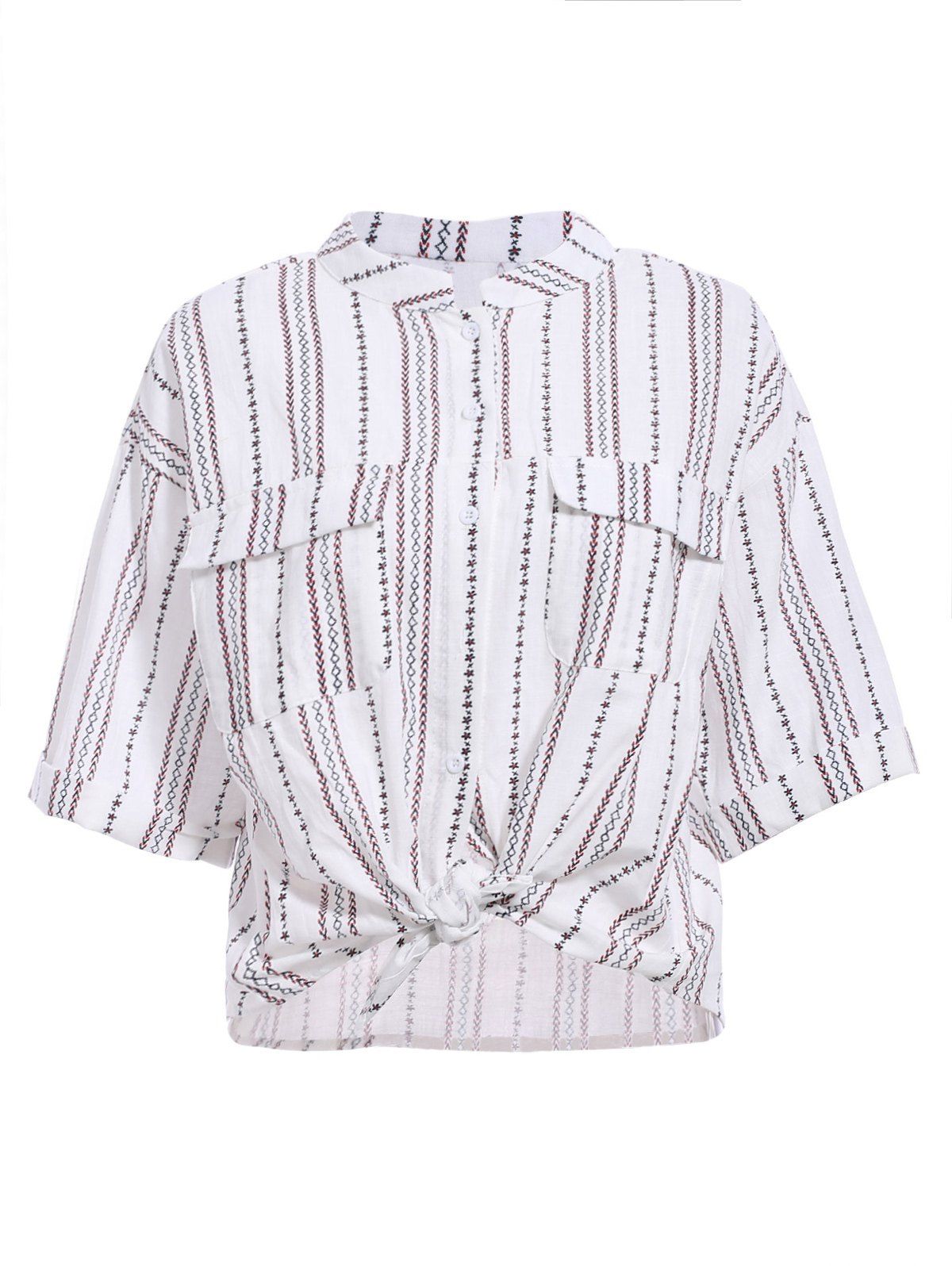 

Elegant Women's Stand-Up Collar Striped Design Embroidered Print Shirt, White