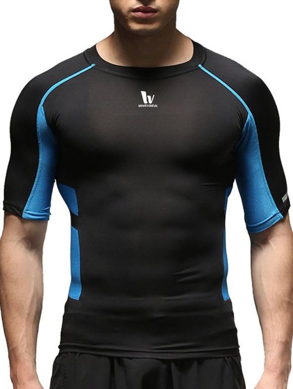 Round Neck Short Sleeve Quick-Dry Fitted Color Block Splicing Men's Training T-Shirt - Bleu XL