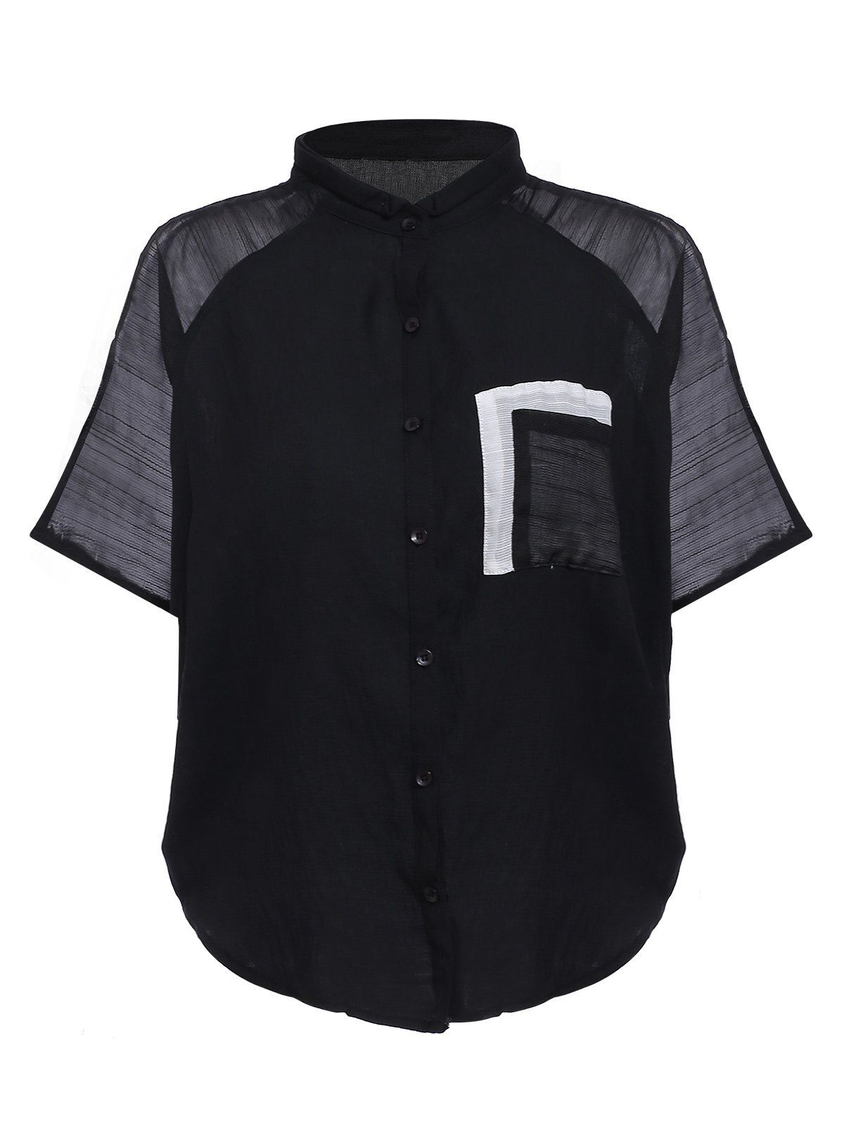 

Stylish Color Block Stand Collar Short Sleeve Women's Blouse, Black