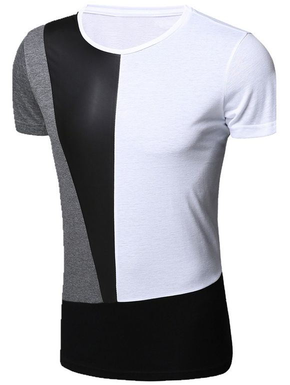 Stylish Round Neck PU-Leather Spliced Short Sleeve Men's T-Shirt - Blanc XL