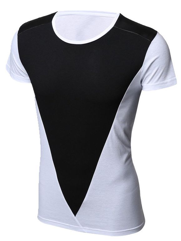 Round Neck PU-Leather Spliced Short Sleeve T-Shirt For Men - Noir L