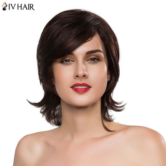 Siv Hair Perruque de Cheveux Humains Mi-Longue Ondulée avec Frange sur le Côté pour Femmes - 6 Brown Moyen 