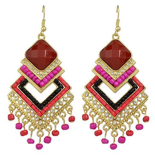 Pair of Stylish Rhinestone Bead Overlapped Geometry Pendant Earrings For Women - Rouge 