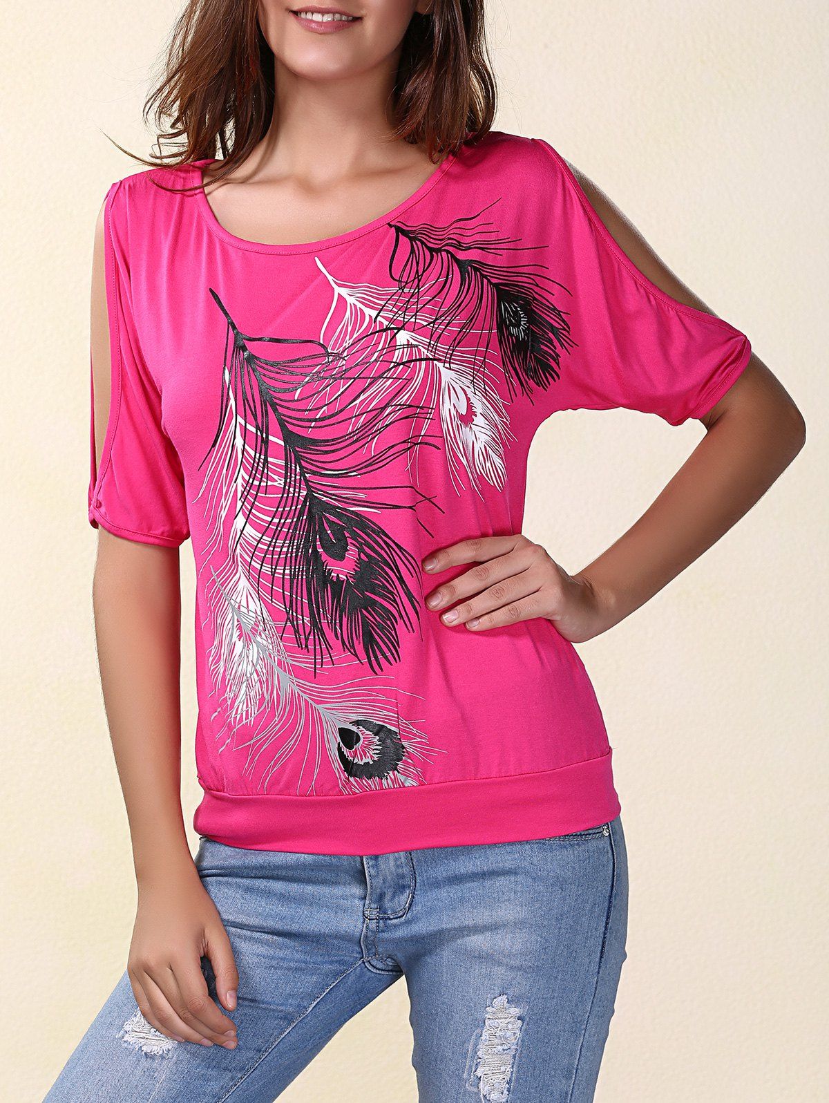 

Stylish Scoop Neck Printed Short Sleeves Cold Shoulder T-Shirt For Women, Rose