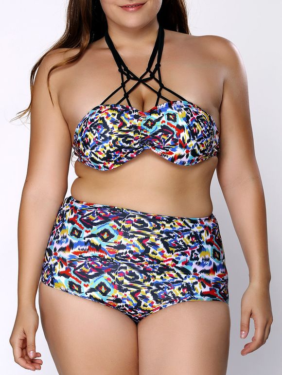 Élégant taille haute Multicolor Print Plus Size Women Bikini Set  's - coloré 2XL