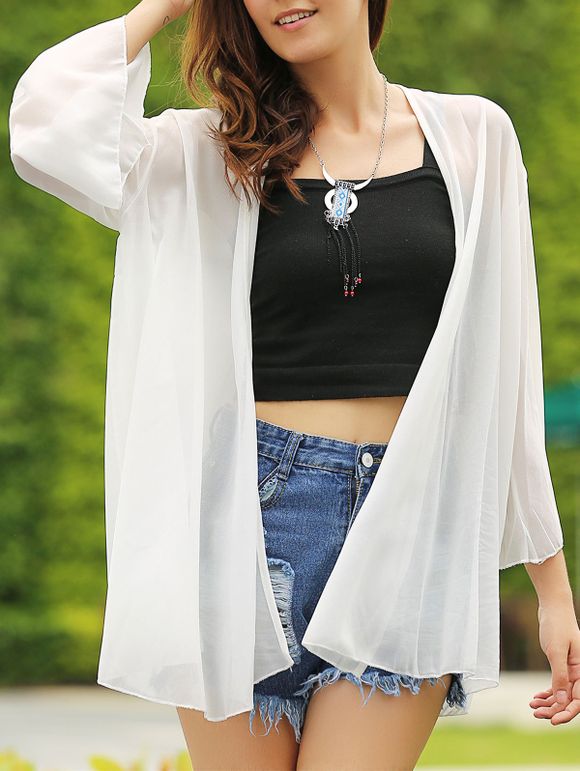 Casual Solid Color Collarless Batwing manches 3/4 femmes s 'Cover-Up - Blanc S