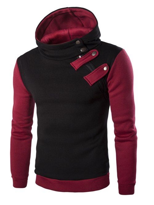 

Inclined Zipper Color Block Hooded Long Sleeves Men's Hoodie, Black