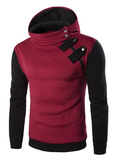 Sweatshirt à Capuche à Manches Longues Deux Tons de Couleurs avec Zip sur le Côté pour Hommes - Rouge L