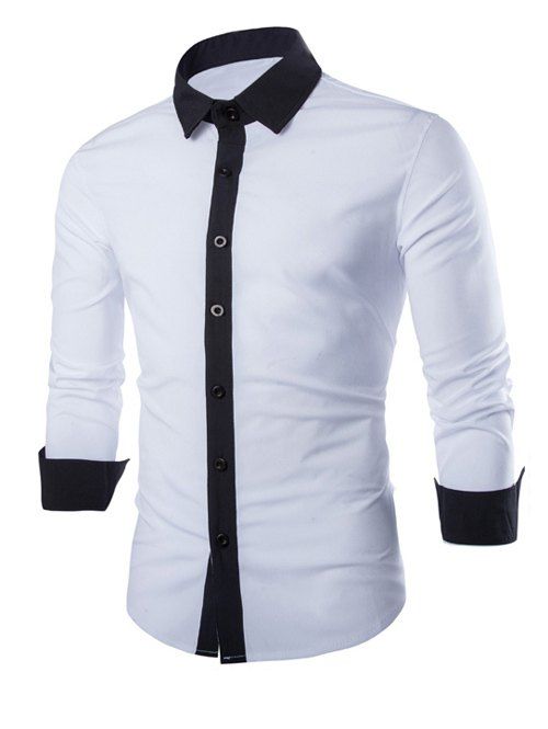 Laconic Turn-down Collar Color Block Top Fly Men's Long Sleeves Shirt - Blanc L