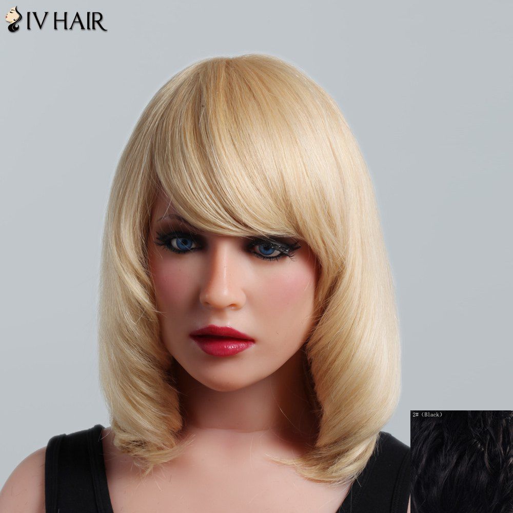 

Fluffy Natural Straight Capless Human Hair Noble Medium Side Bang Women's Siv Hair Wig, Black