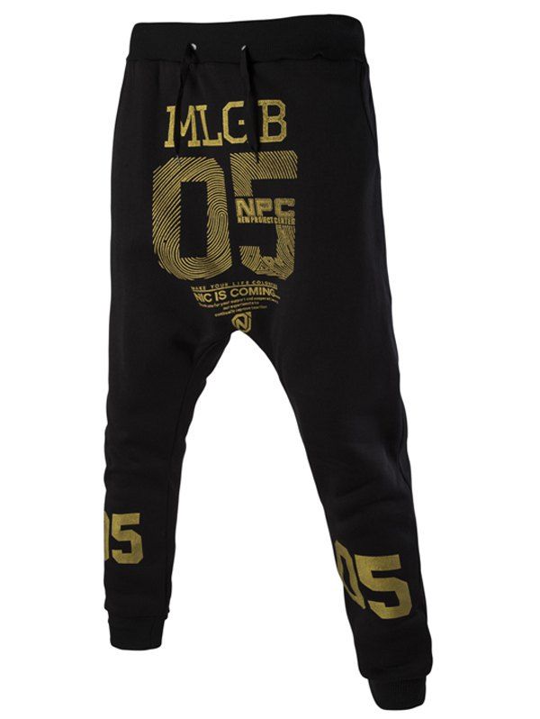 

Casual Lace-Up Personality Letters Print Solid Color Men's Jogger Pants, Black