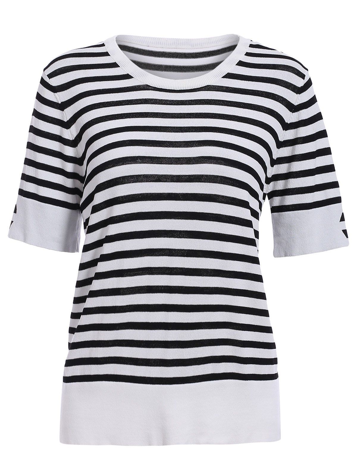 

Casual Style Women's Round Neck Half Sleeves Striped Pullover Sweater, White and black