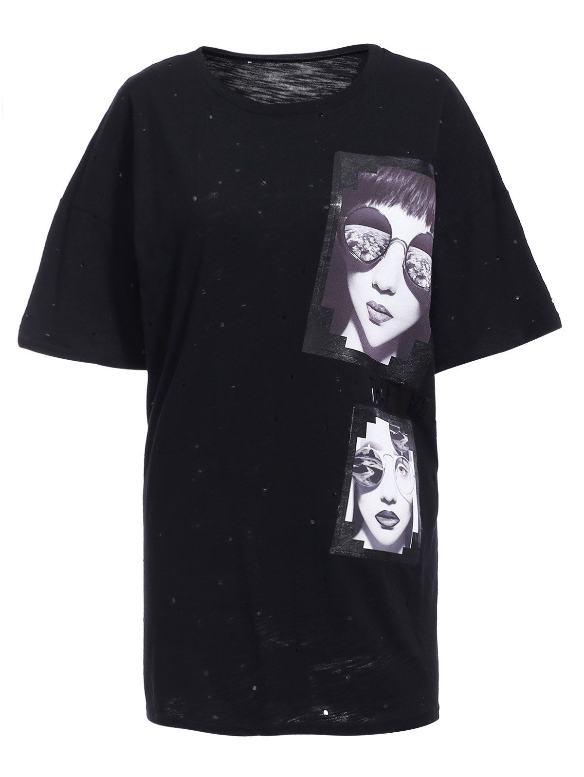 

Trendy Letter and Head Print Round Neck Short Sleeve Women's Tee, Black