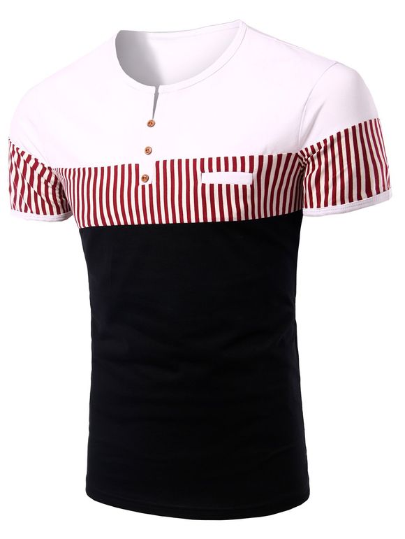 Men 's  Design Bouton Color Block T-shirt manches courtes à rayures col rond - Blanc M