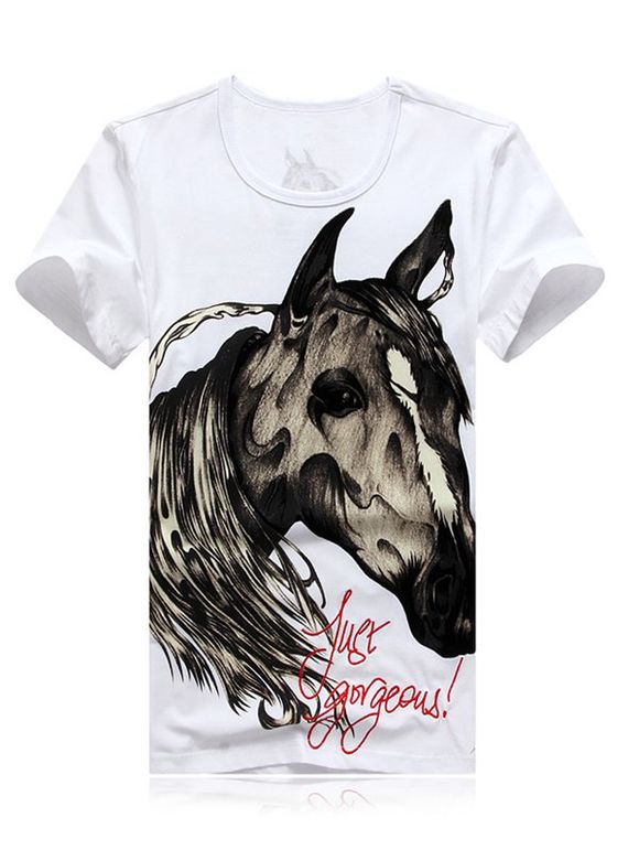 T-shirt de cheval 3D et lettres Imprimer col rond manches courtes hommes s ' - Blanc 3XL