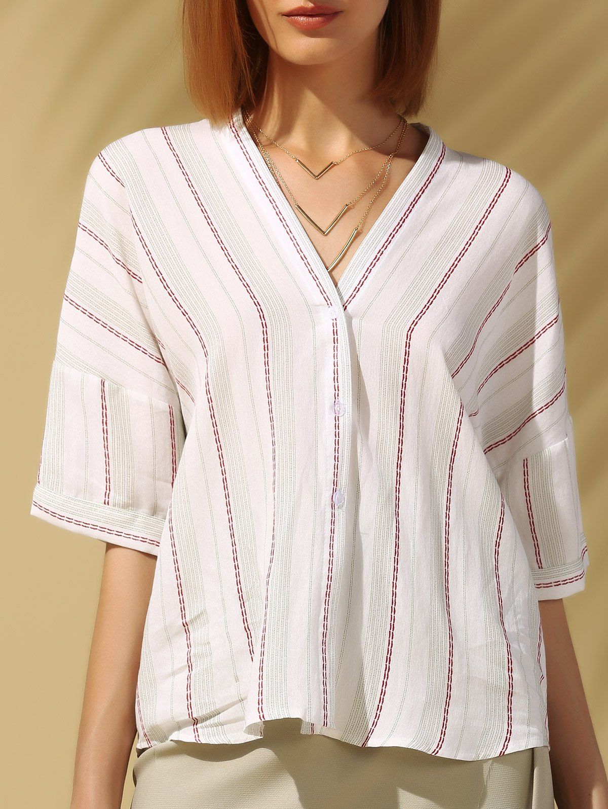 

Stylish V Neck Bat Sleeve Blouse For Women, White