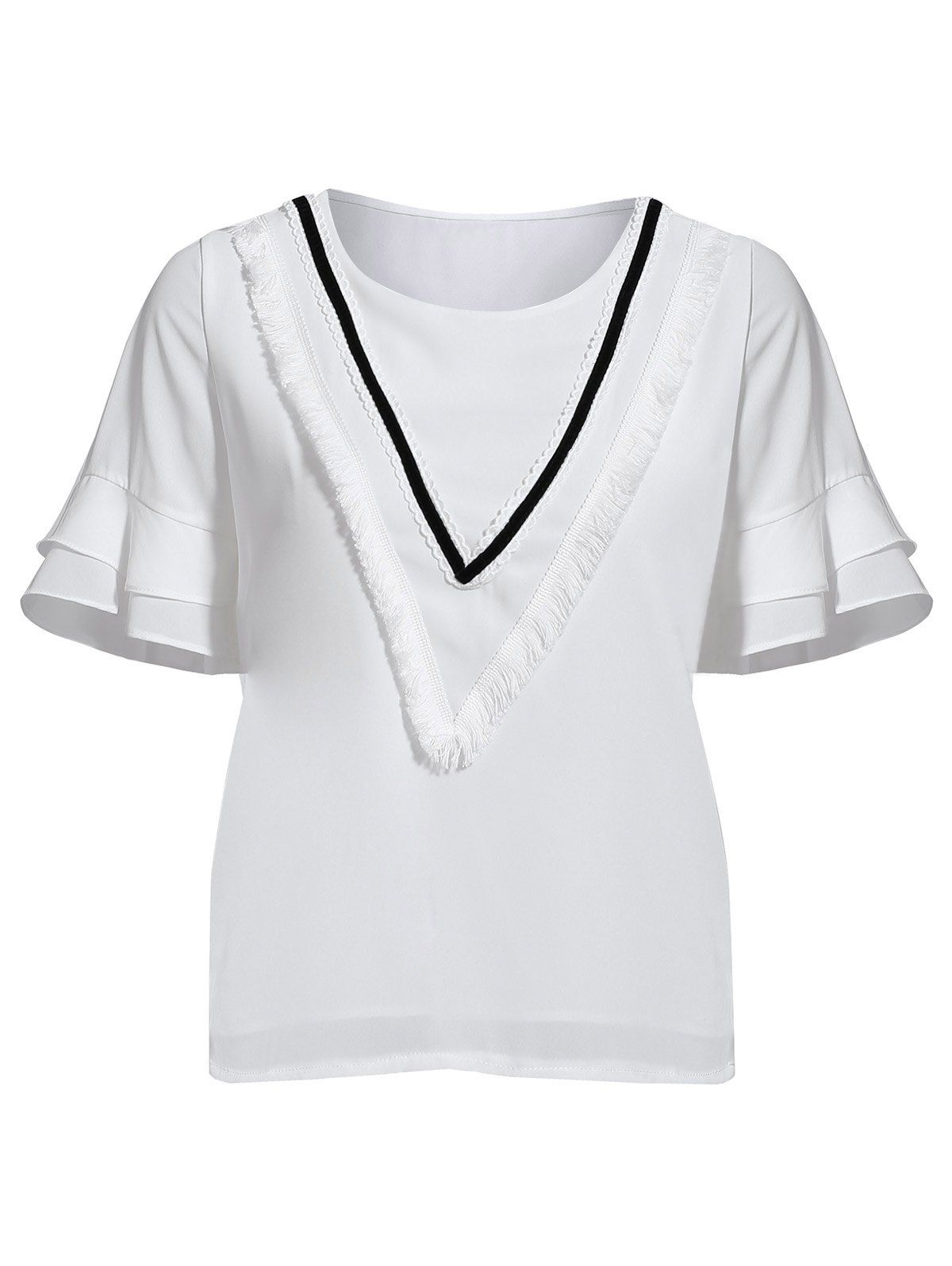 

Casual Women's Scoop Neck Short Sleeve Fringed V Pattern Design T-Shirt, White