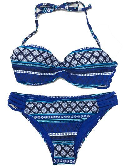 Géométrique Floral Vintage Print Halter Bikini Set pour les femmes - Bleu S