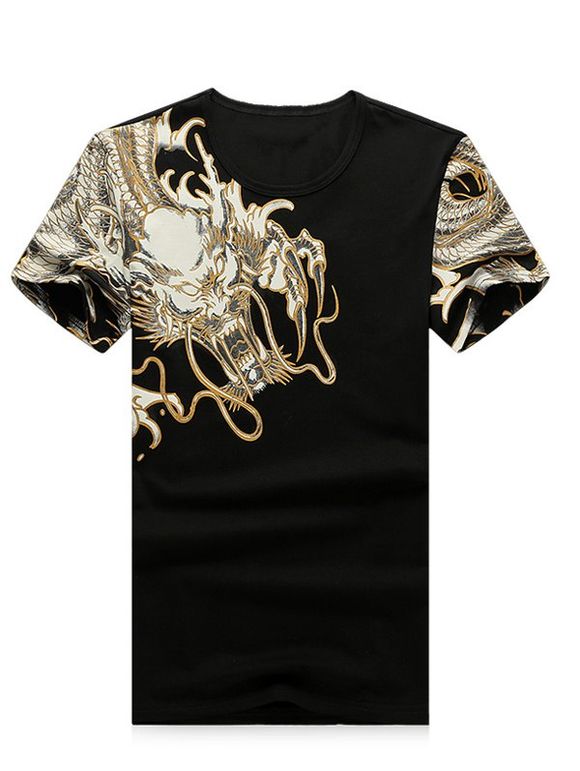 T-shirt 3D Golden Dragon Imprimer col rond manches courtes hommes s ' - Noir XL