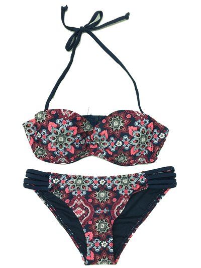 Retro Pattern Halter Floral Bikini Set  's - Noir XS