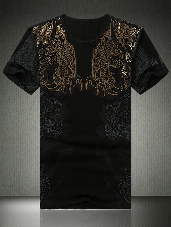 3D Dragons Print Round Neck Short Sleeve Men's T-Shirt - Noir 2XL
