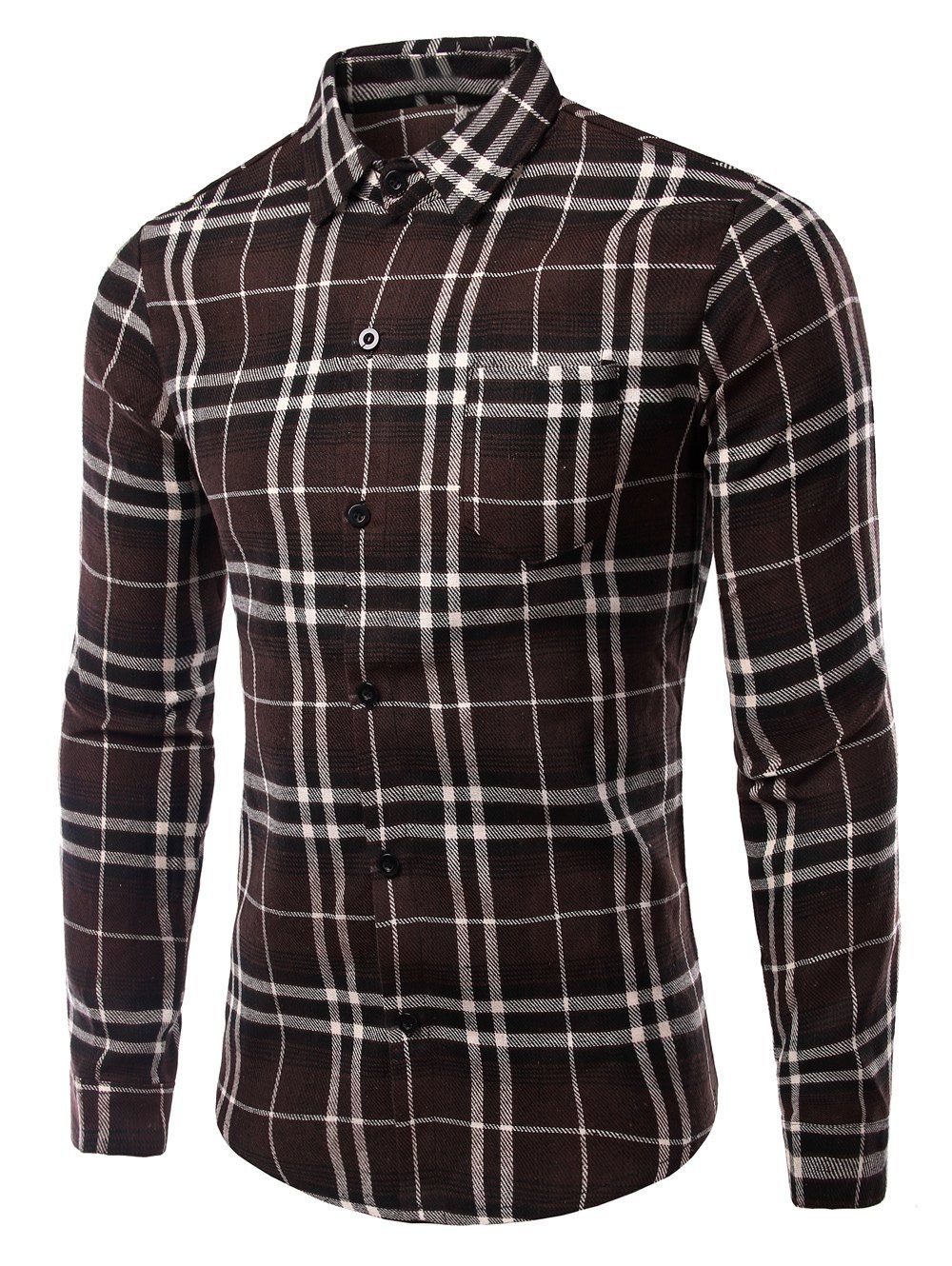 

Men's Turn-Down Collar Pocket Checked Pattern Long Sleeves Shirt, Coffee