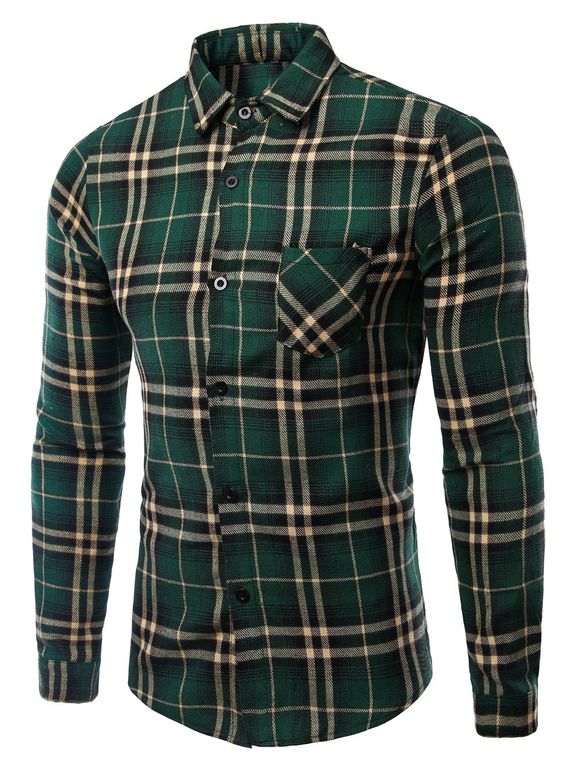 Men 's  Collar Pocket Motif Vérifié Turn-Down Shirt manches longues - Vert M