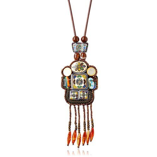 Bohême Perles de forme de robot collier pendentif Faux Gem pour les femmes - Brun Doré 