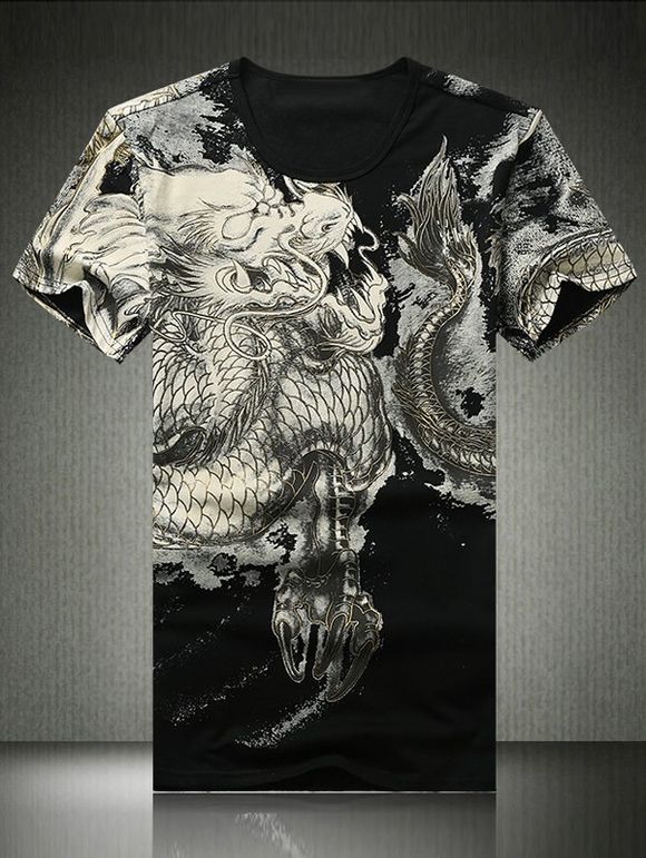 3D Golden Linellae Dragon Print Round Neck Short Sleeve Men's T-Shirt - Noir XL