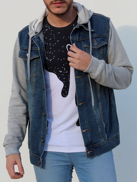 Casual Detachable Hooded Single Breasted Splicing Denim Jacket For Men - Bleu clair M